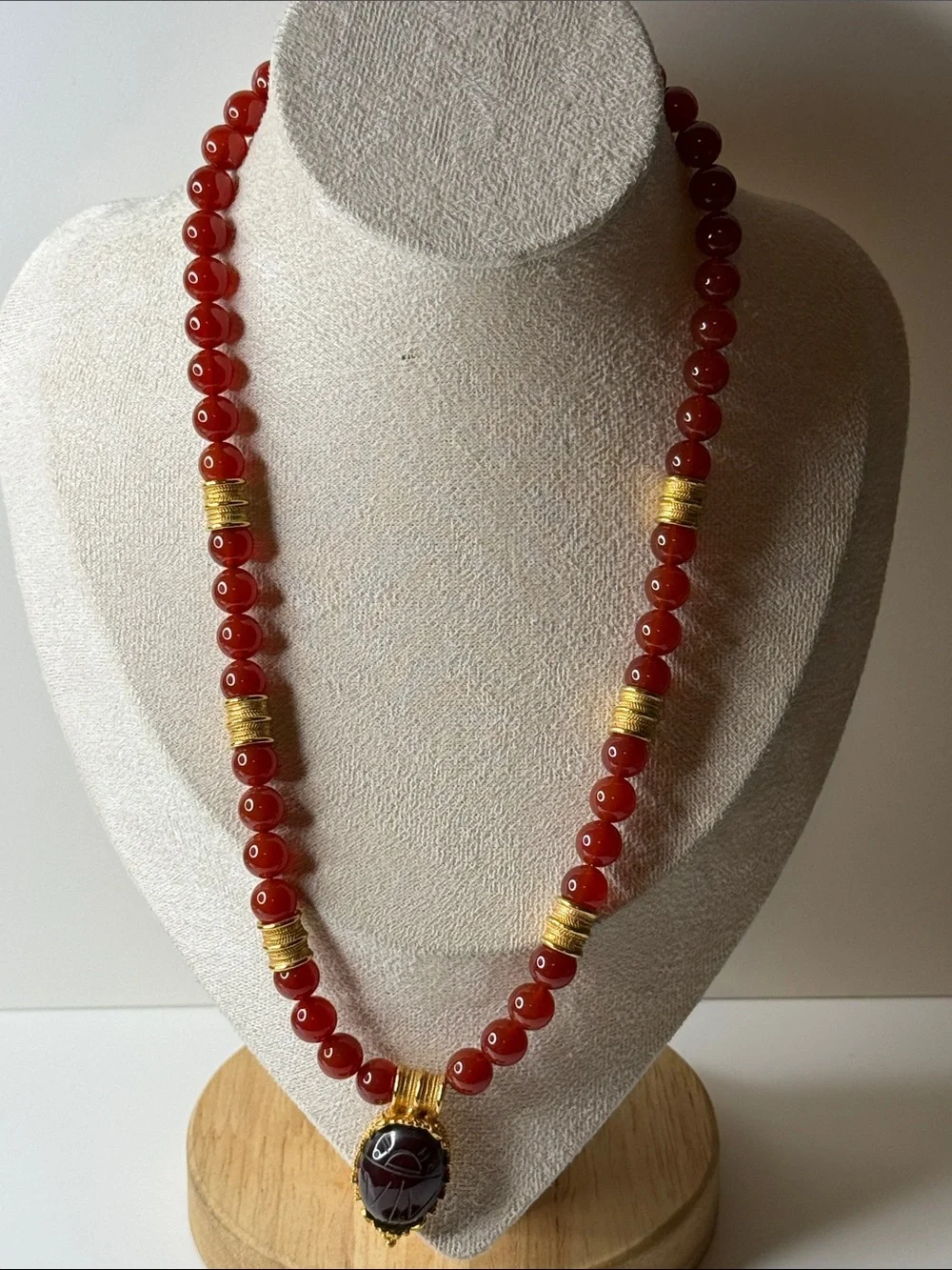 Vintage MMA Carnelian Bead Necklace earring Gold plate Scarab Egyptian revival⭐️ - Picture 7 of 17